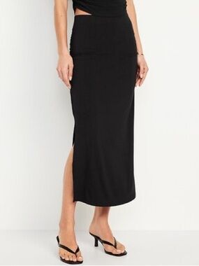 Black Ruched Soft Maxi Skirt with Side Slit